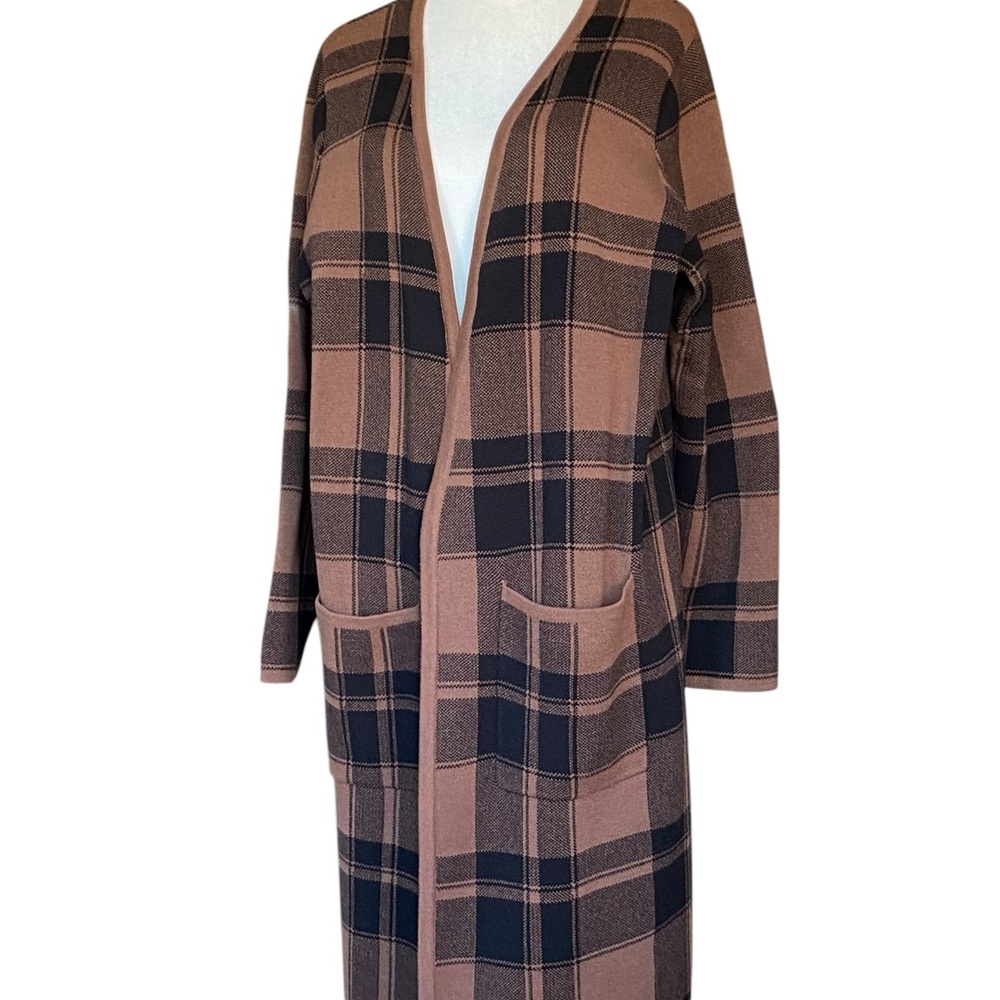 Denim & Co. Plaid Jacquard Open Front Long-Sleeve Cardigan Chestnut Brown Sz 1X